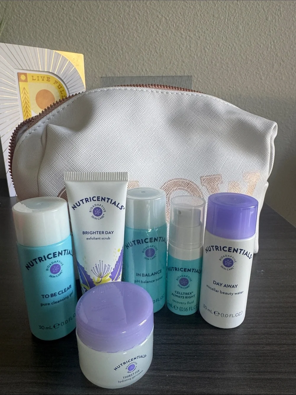 NuSkin Nutricentials Women's trial/trave size Skincare Set with GLOW makeup bag.